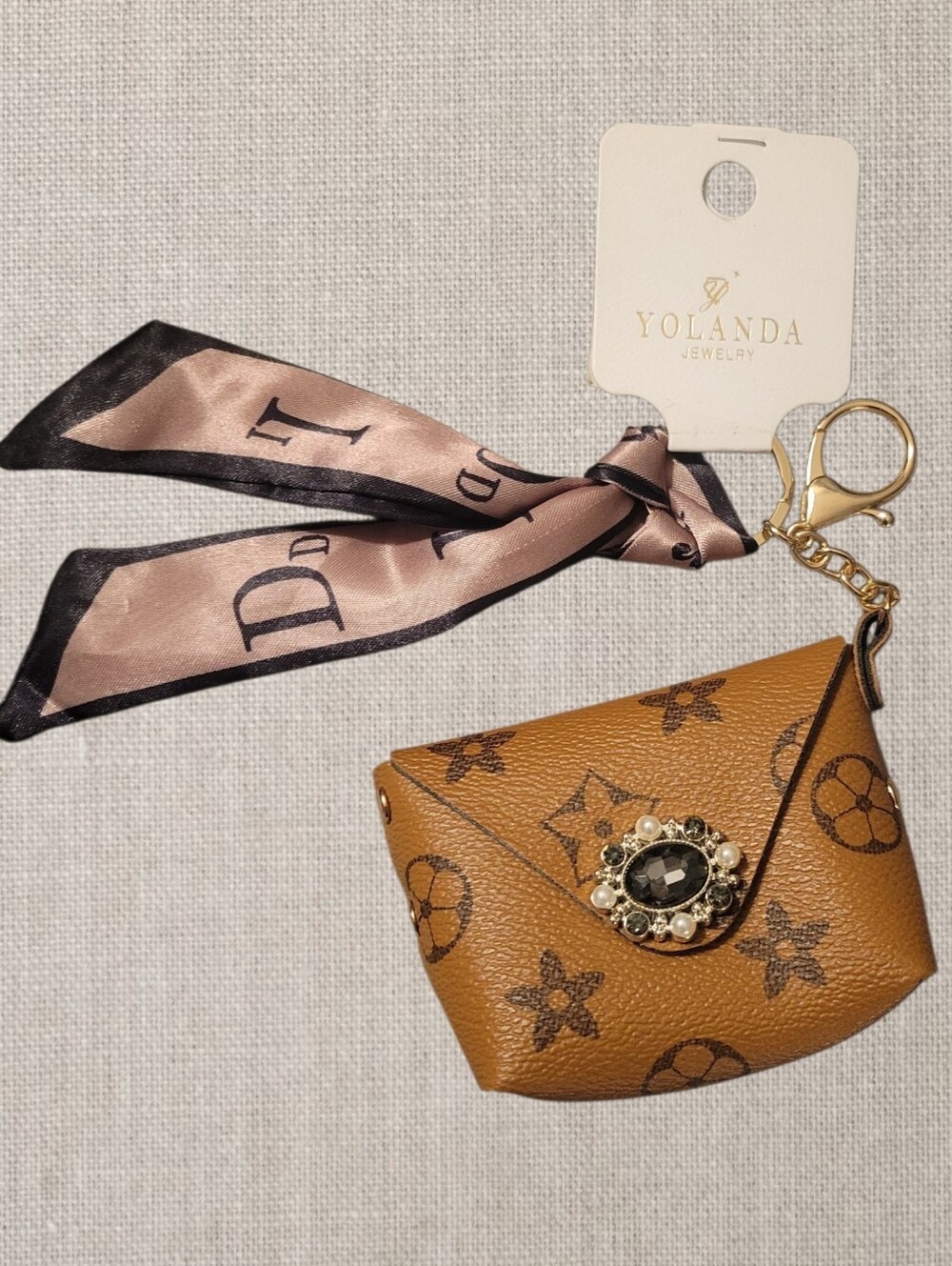 Brown Faux-Leather Key & Card Pouch with Decorative Jewel and Ribbon
